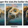 Three framed diamond paintings of a cat's face showing increasing size and detail.
