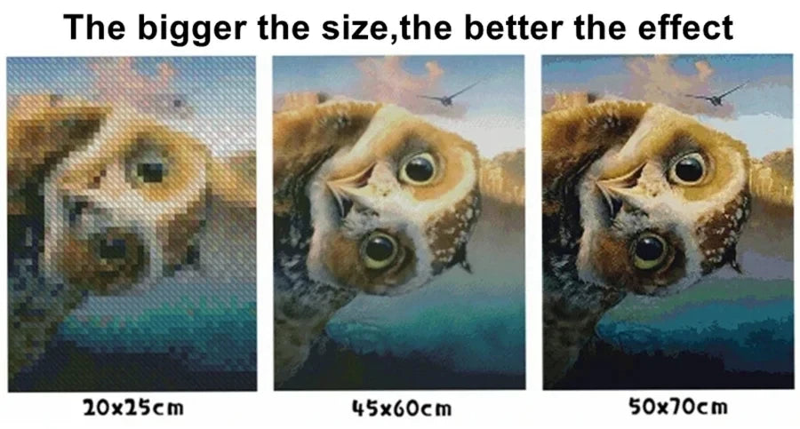 Three framed diamond paintings of a cat's face showing increasing size and detail.