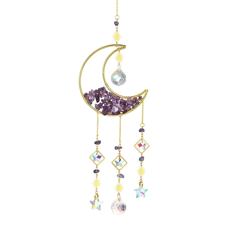 Gold moon suncatcher wind chime with purple crystals and prism accents