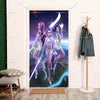 Anime demon hunters party backdrop featuring three female characters with glowing weapons and purple light