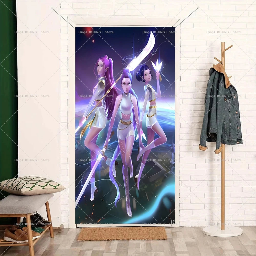 Anime demon hunters party backdrop featuring three female characters with glowing weapons and purple light