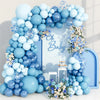 A blue balloon garland arch kit featuring light and dark blue balloons decorating a white background.