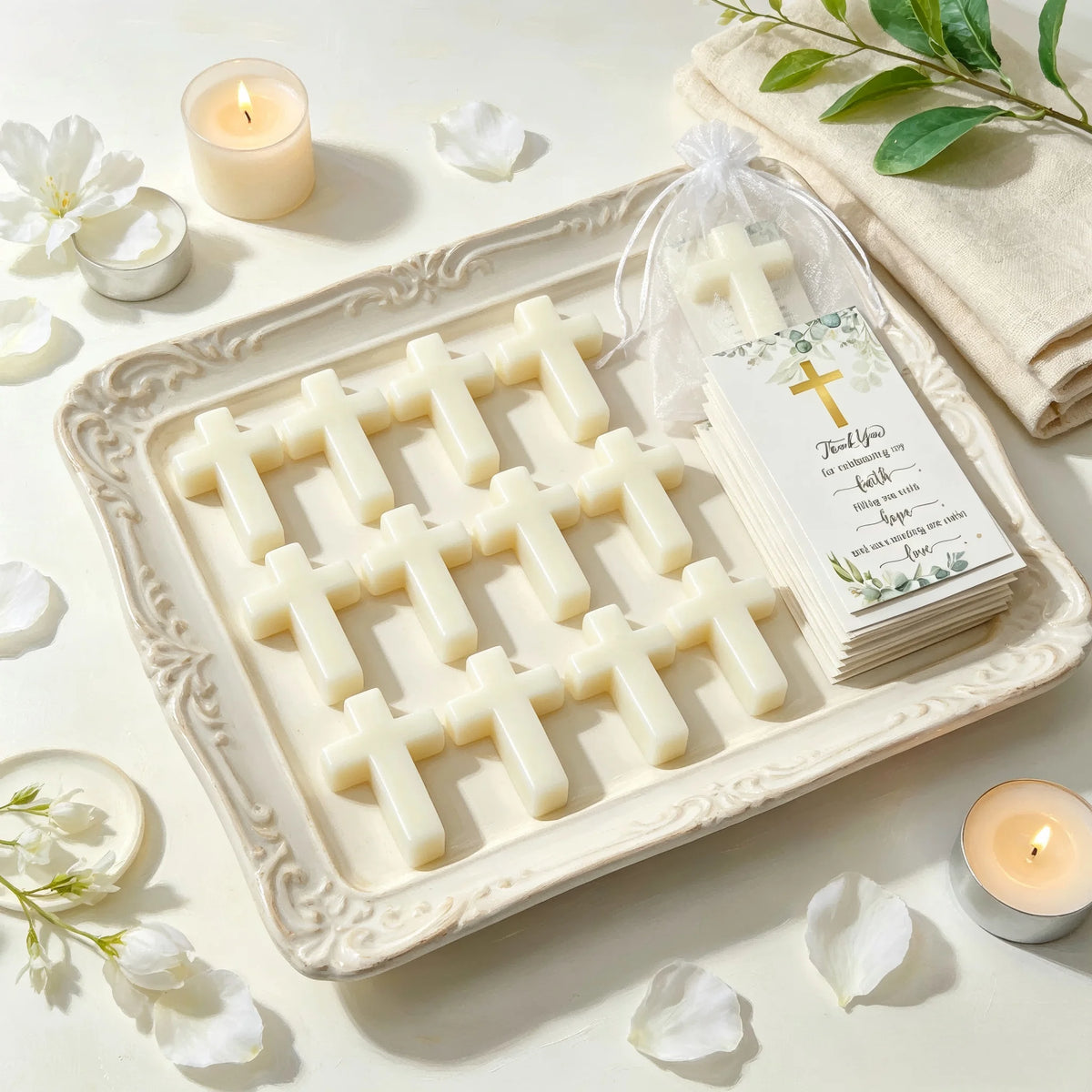 Cross-Shaped Baptism Soap Gift Set (10-Pack) with Thank-You Cards & Bags