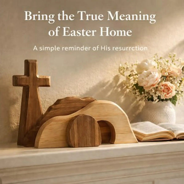 Wooden Easter empty tomb scene decoration featuring a cross and an open tomb with flowers and a Bible.