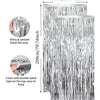 Two vertical strips of shiny silver metallic foil fringe curtains shown with dimensions and usage details.