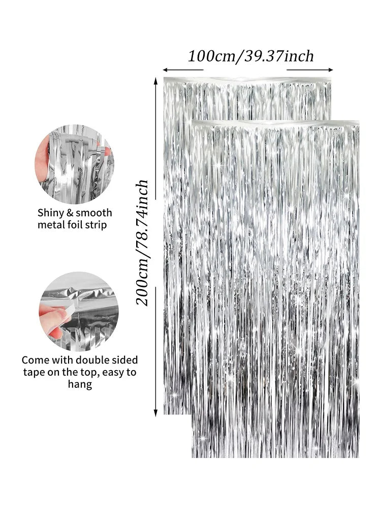 Two vertical strips of shiny silver metallic foil fringe curtains shown with dimensions and usage details.