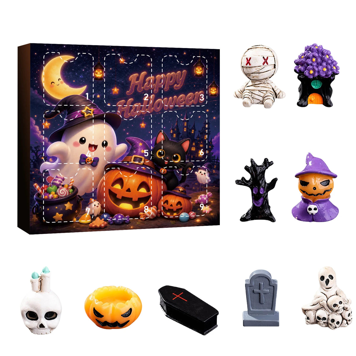 A Halloween themed advent calendar featuring various spooky resin figurines including a witch, pumpkin, cat, and skulls.