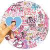 A hand holds a circular sticker pack featuring various pink and purple nurse-themed graffiti designs.