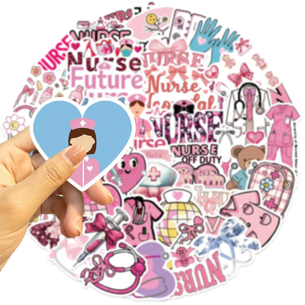 A hand holds a circular sticker pack featuring various pink and purple nurse-themed graffiti designs.