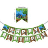 A green Minecraft themed birthday banner featuring pixel art characters and trees.