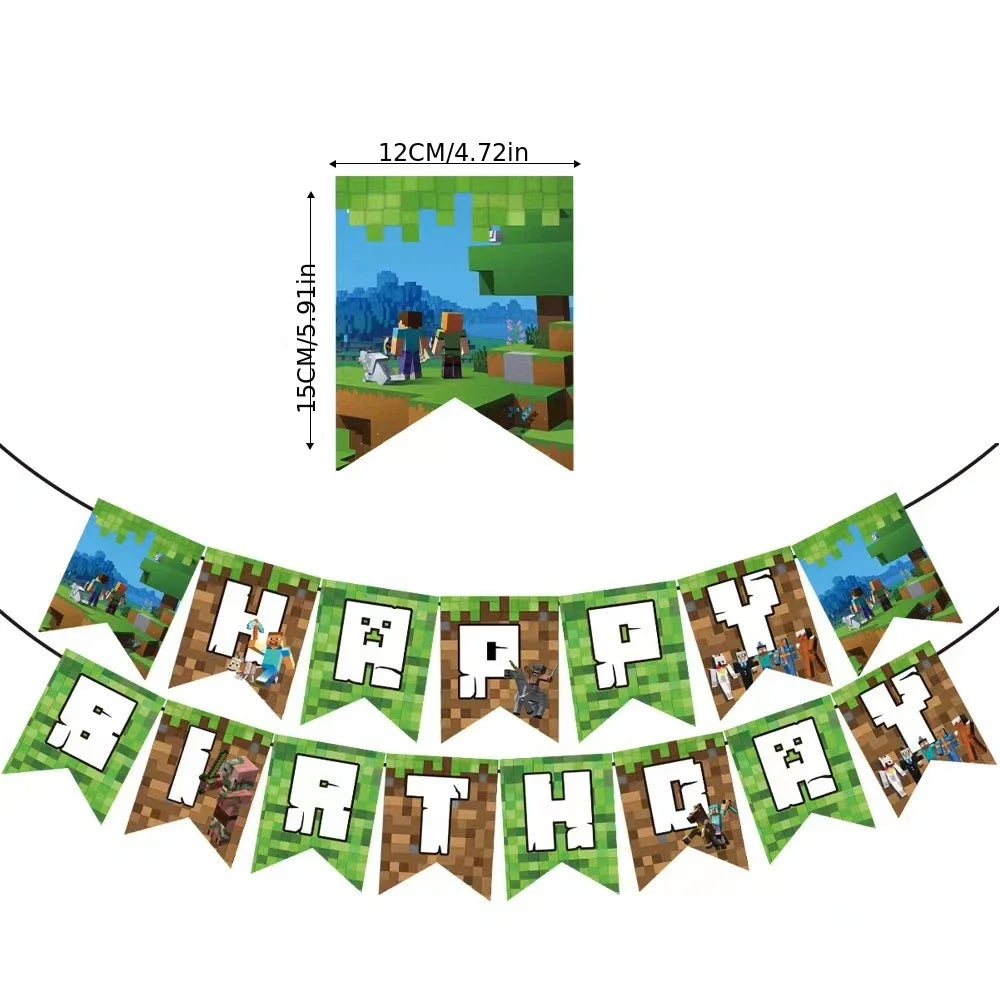A green Minecraft themed birthday banner featuring pixel art characters and trees.