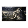 A majestic silver-gray werewolf wolf with flowing fur is depicted in a dramatic, dark landscape under stormy skies.