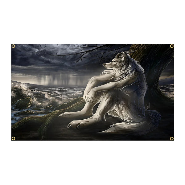 Un loup lycanthrope argenté-gris majestueux avec une fourrure fluide dans un paysage sombre sous un ciel orageux.