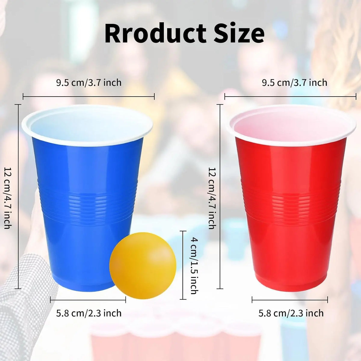 Two disposable party cups, one blue and one red, are shown next to a yellow sphere, illustrating product size.