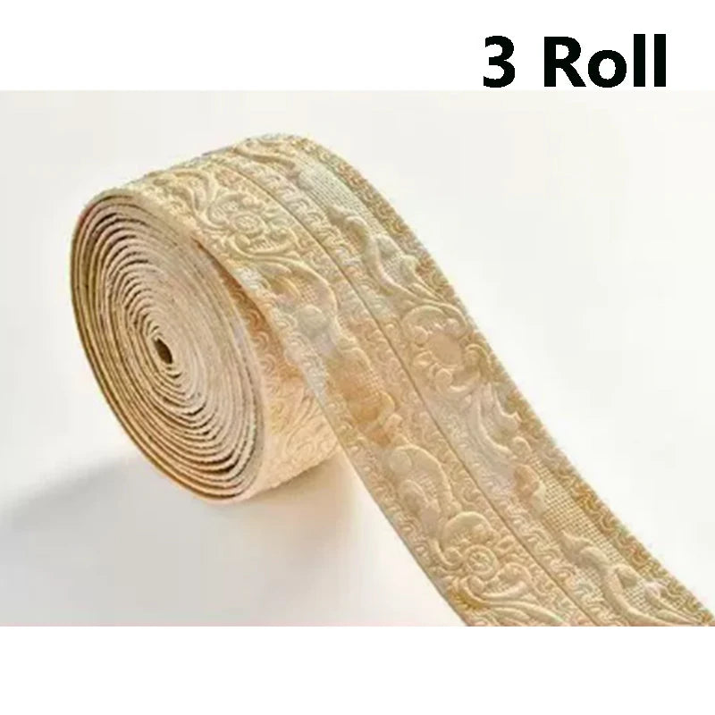 Three rolls of beige self-adhesive PE foam edge banding trim for walls, ceilings, and door frames.