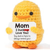 Handmade yellow knitted duck plush toy with an inspirational card that says Mom I Ducking Love You