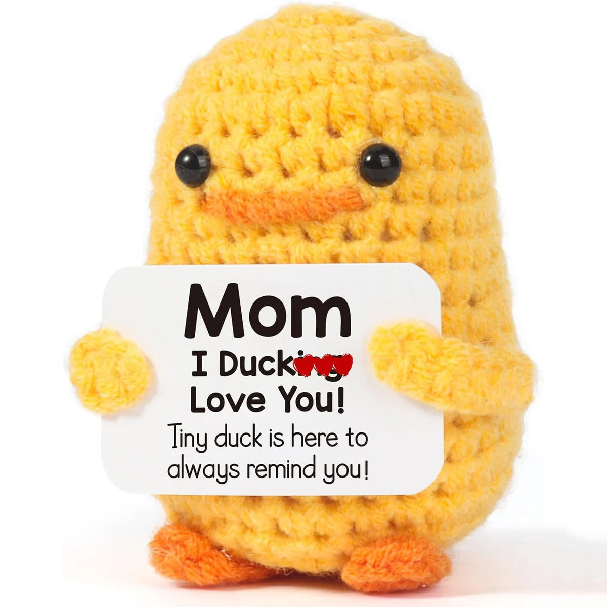 Handmade yellow knitted duck plush toy with an inspirational card that says Mom I Ducking Love You