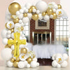 A balloon garland arch kit featuring white and gold balloons decorating a doorway with a brick background.
