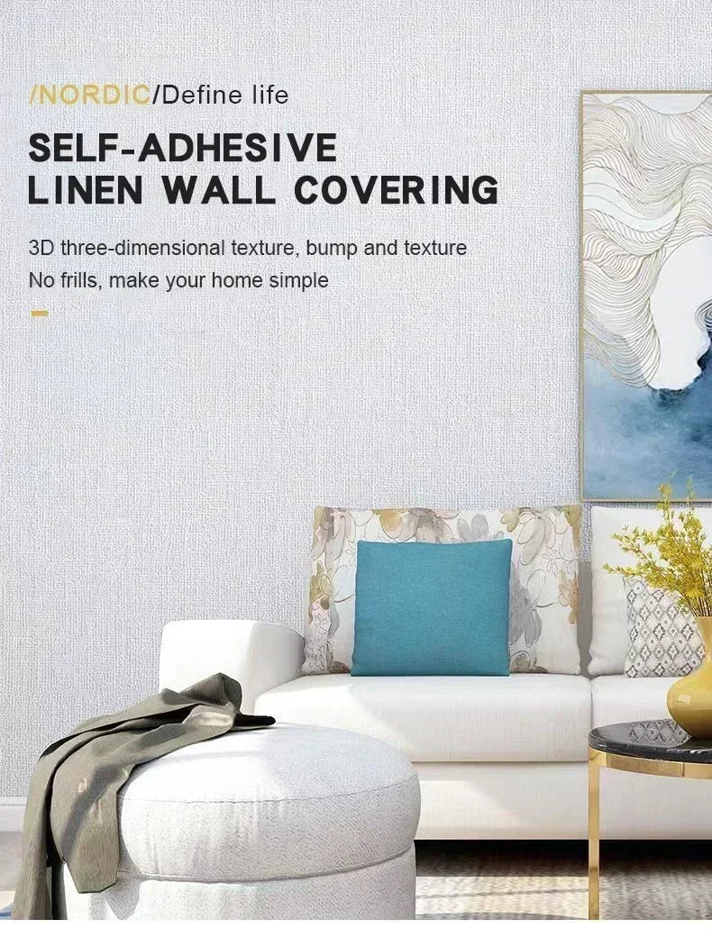 Self-adhesive linen wall covering featuring a 3D texture in shades of blue and beige on a modern interior wall.