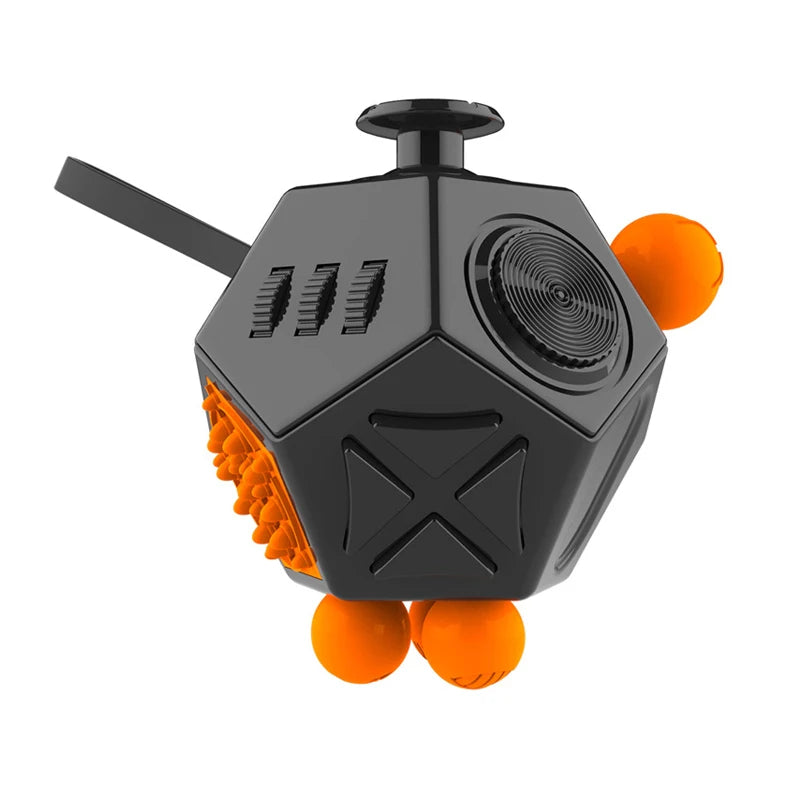 A black fidget cube with orange accents, featuring various textured and moving components for sensory play.