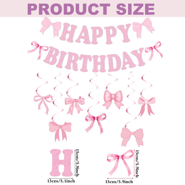 Glitter pink bow birthday banner with the words HAPPY BIRTHDAY and size measurements