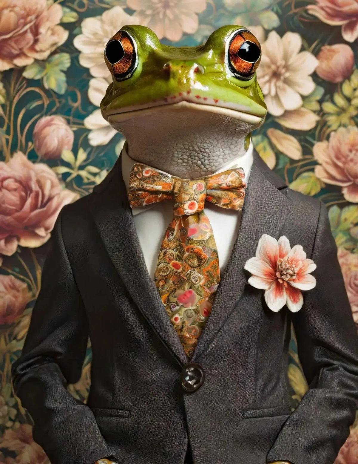 A portrait of a frog wearing a suit and tie against a floral background.