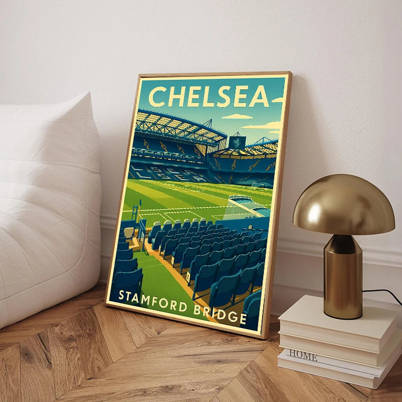 A framed canvas art print depicting a football stadium view with the text Chelsea and Stamford Bridge