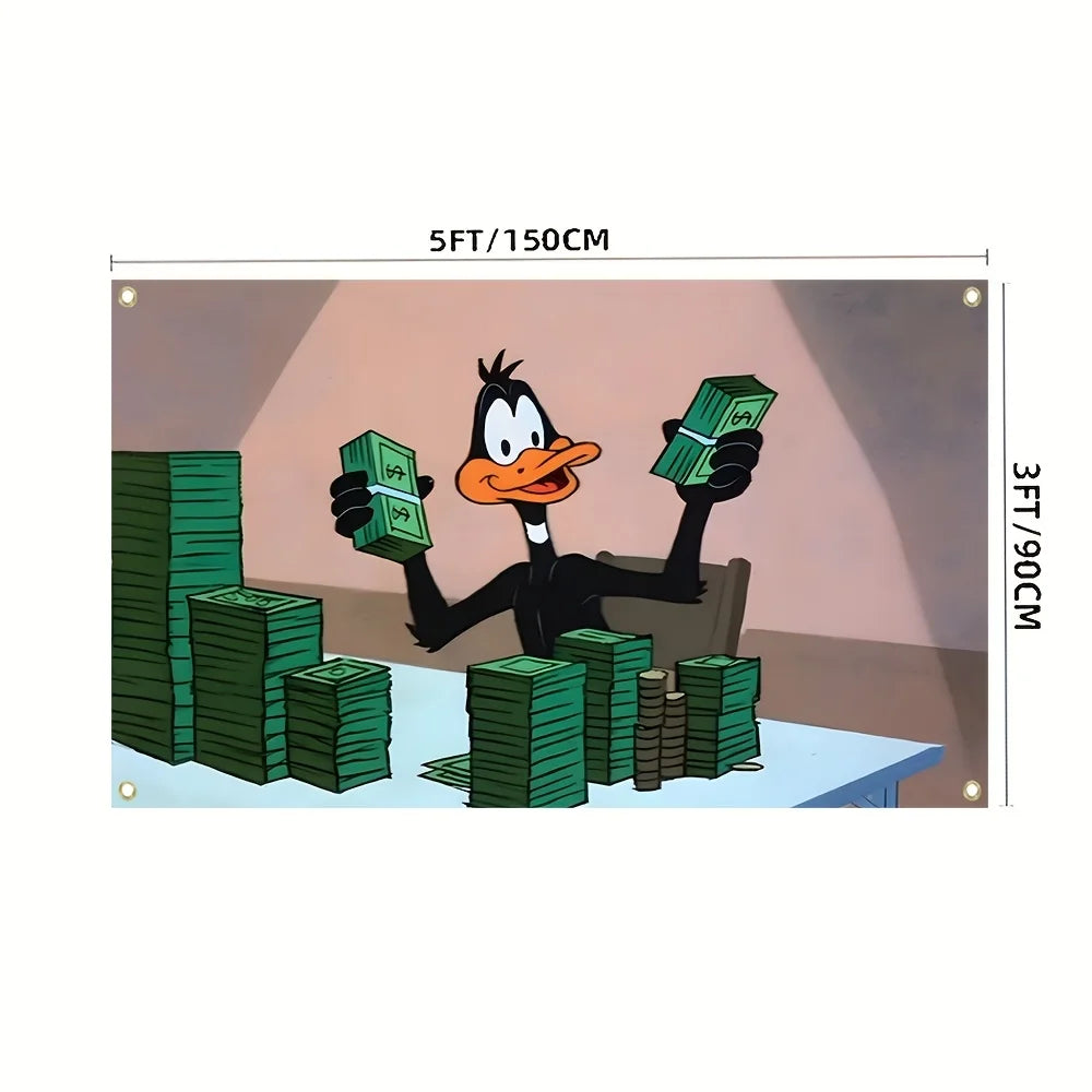 A cartoon duck character is shown next to stacks of green money on a table.