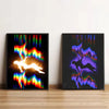 Two framed abstract canvases featuring neon light trails and silhouettes of dancers against a dark background