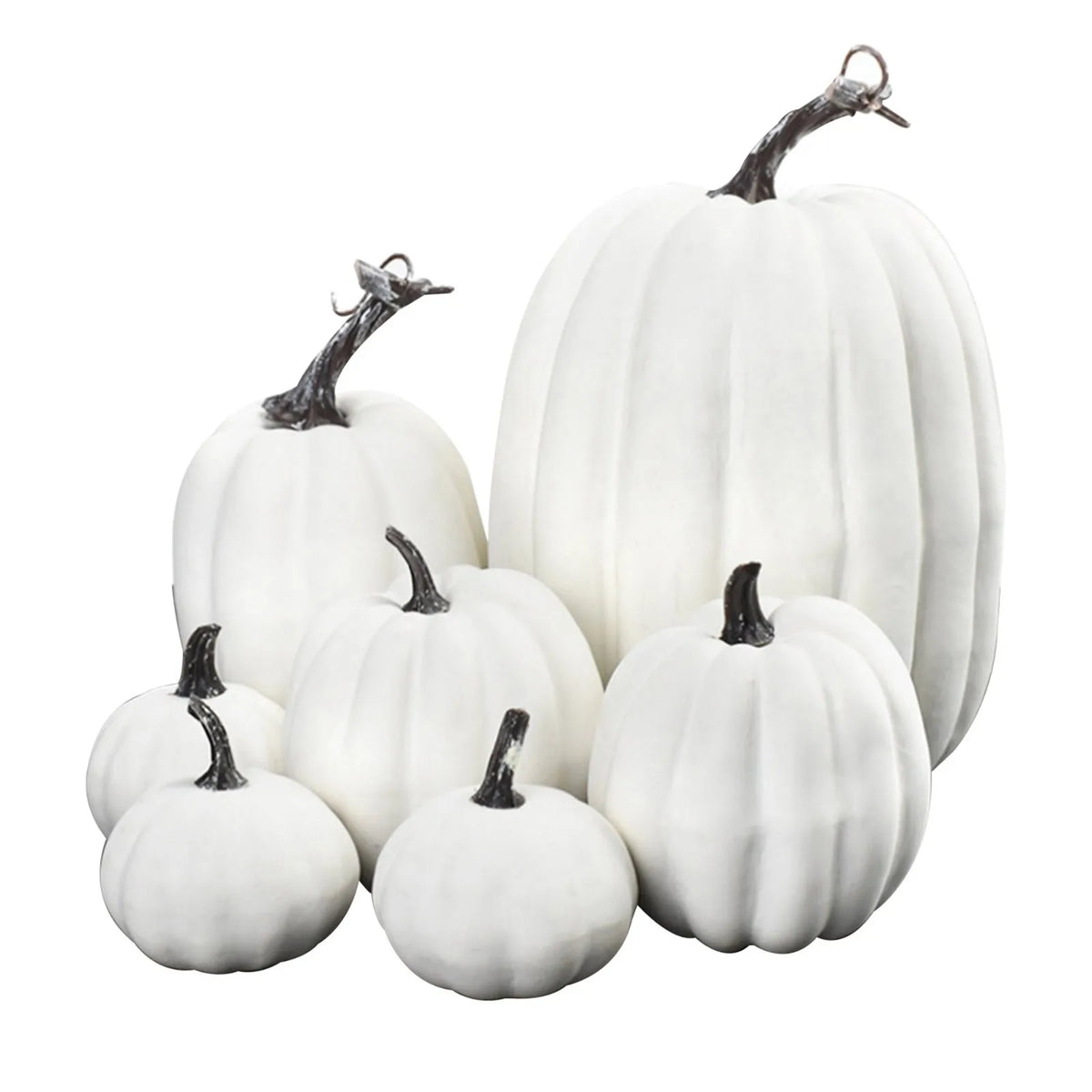A set of seven white artificial pumpkins with dark stems for fall and Halloween decoration.