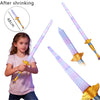 A child holds a purple and silver sword prop, with an inset showing the 48cm length.