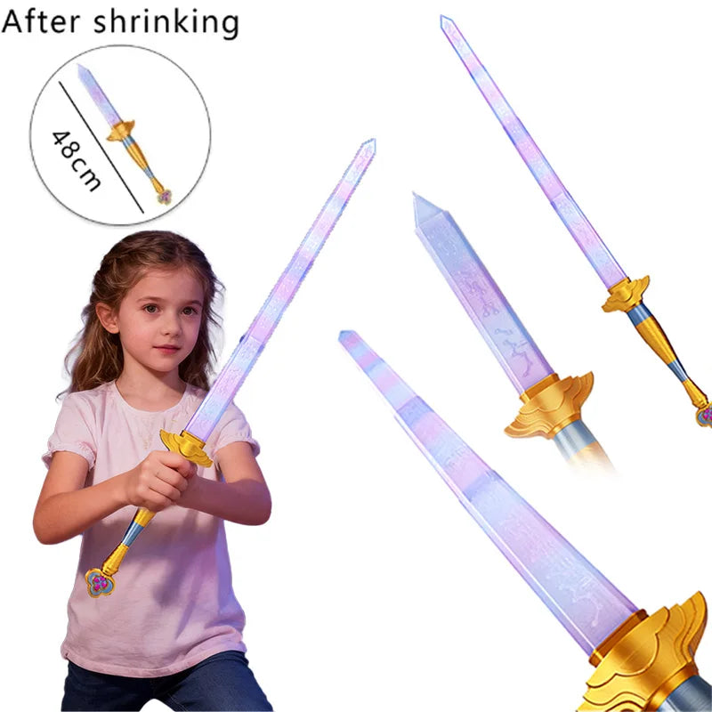 A child holds a purple and silver sword prop, with an inset showing the 48cm length.