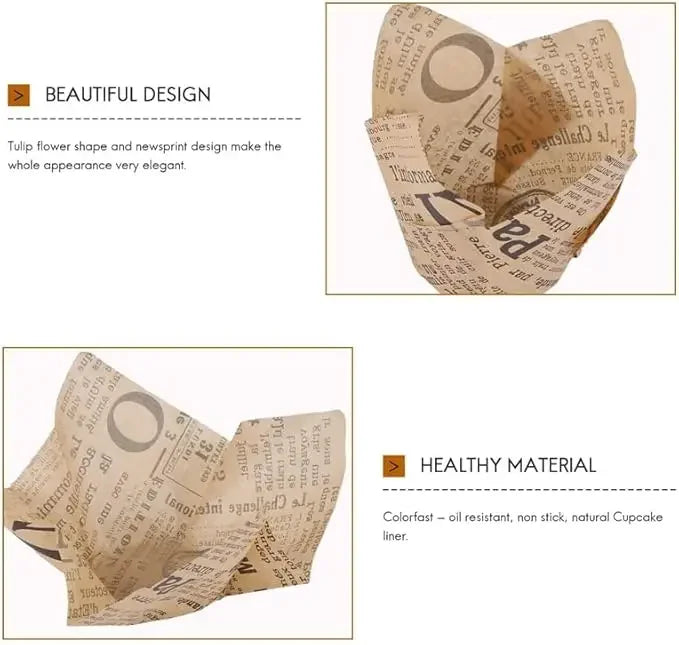 Newspaper style cupcake liners made from edible paper for baking