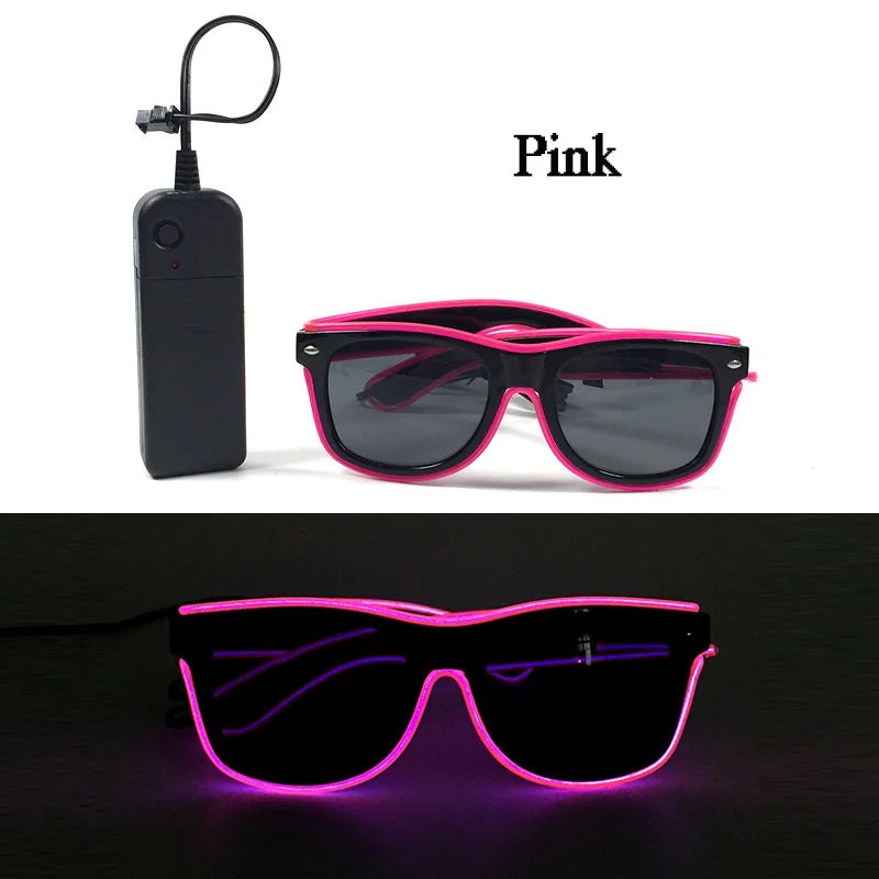 Pink light up EL wire party sunglasses displayed on a black background.