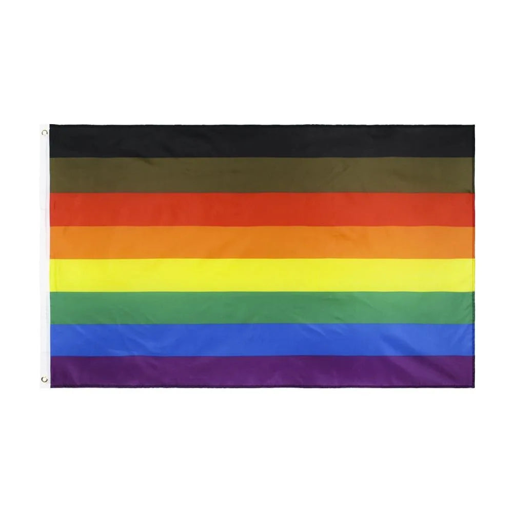 A horizontal Pride rainbow flag banner featuring six colored stripes: black, dark brown, orange, red, yellow, green, and blue