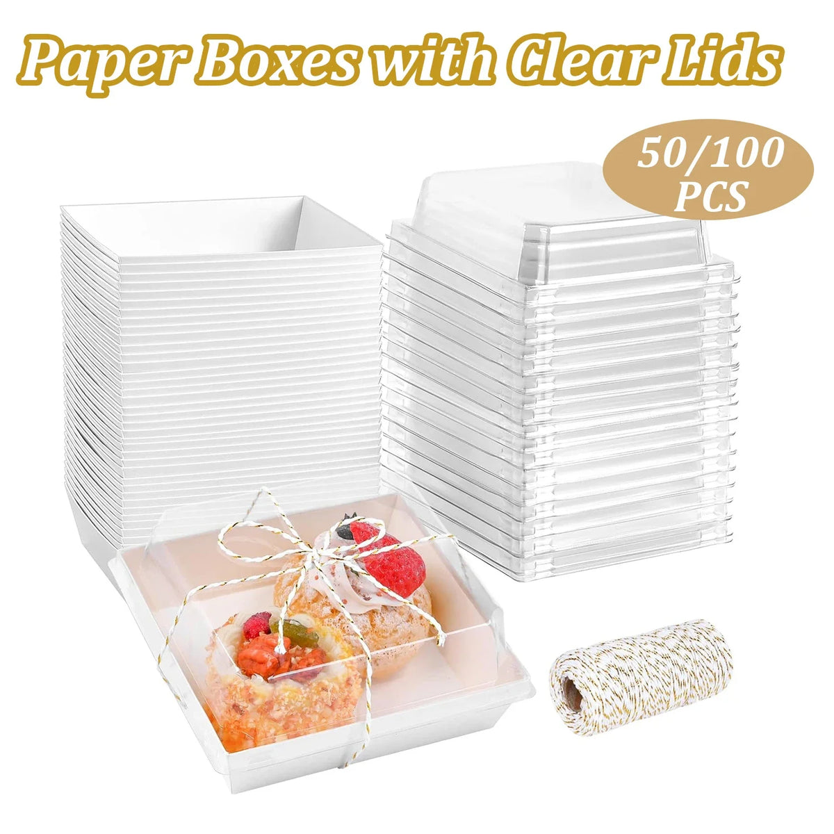 A stack of clear lidded paper boxes for desserts, with one box open showing a small pastry.