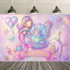 A vibrant purple and pink mermaid tail birthday backdrop featuring a mermaid, stars, balloons, and seashells.