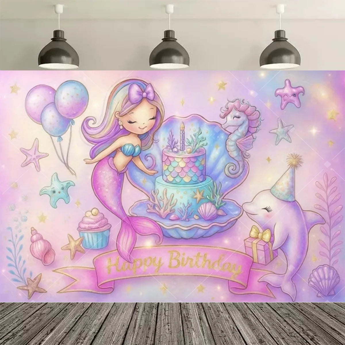 A vibrant purple and pink mermaid tail birthday backdrop featuring a mermaid, stars, balloons, and seashells.