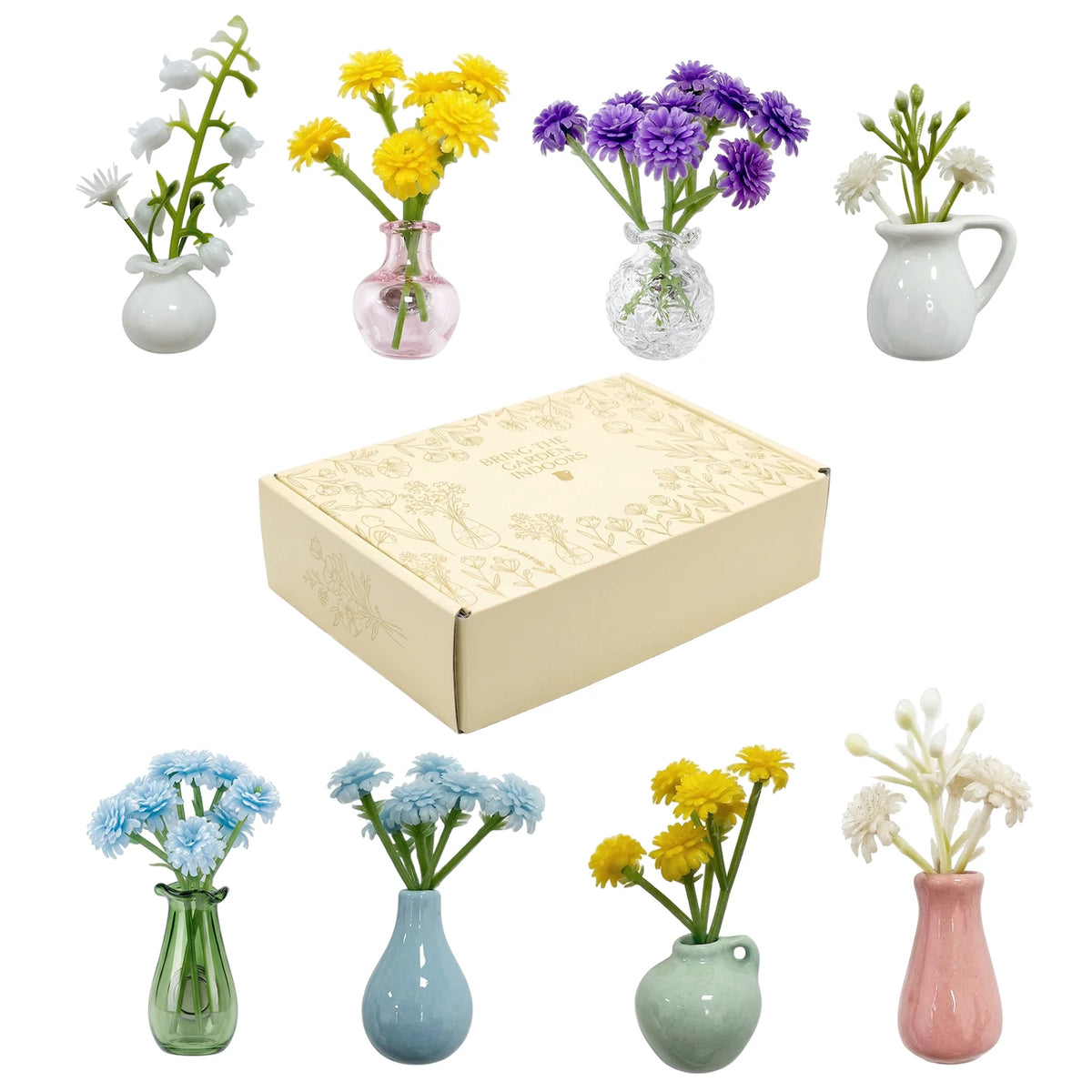 A collection of mini ceramic plant vases in various colors and styles for hydroponic propagation.