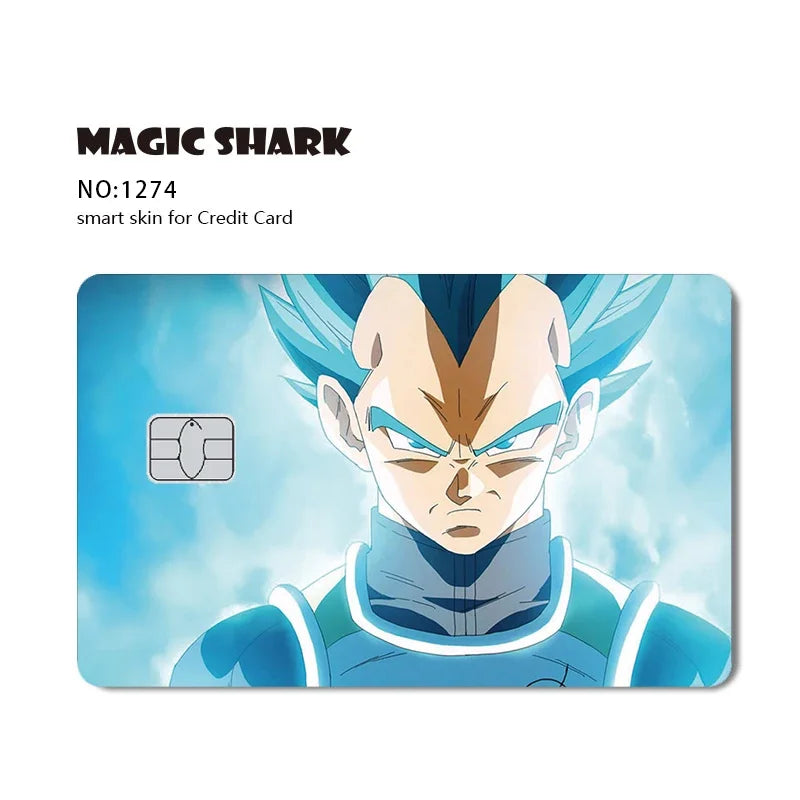 A vibrant illustration of the Dragon Ball character Goku in Super Saiyan form, used as a card skin sticker.