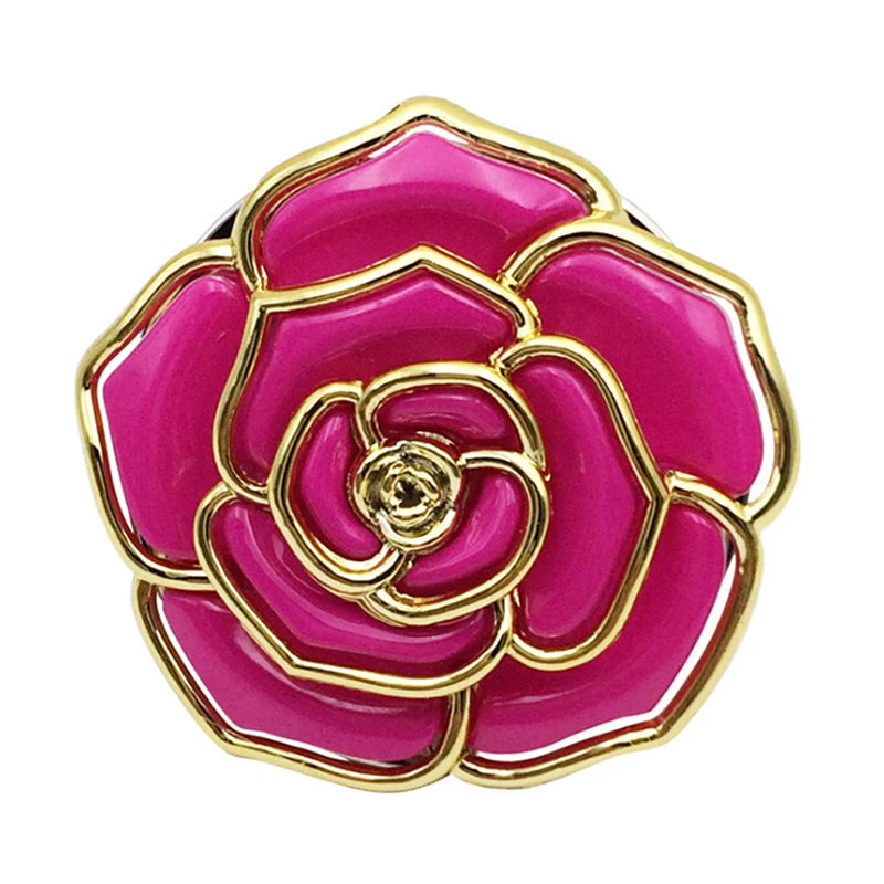 A glossy magenta rose-shaped foldable handbag hook with a gold rim.
