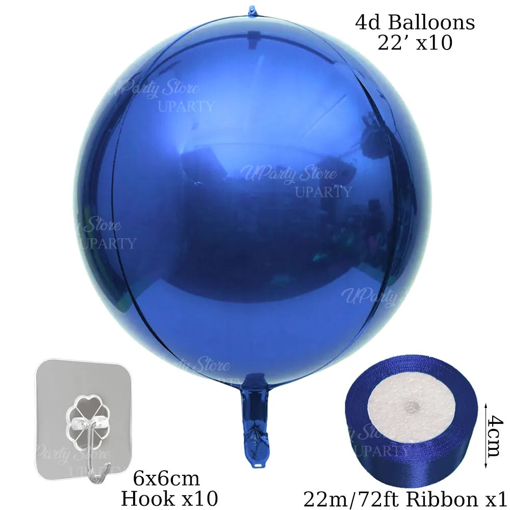A blue 4D balloon is shown with a ribbon and a hook, next to a roll of ribbon.
