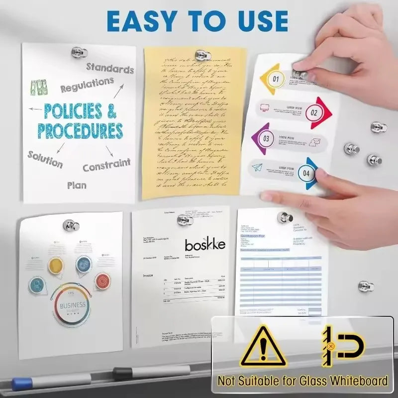 Hand placing magnetic pushpins into a yellow paper and a white clipboard demonstrating easy to use policies and procedures