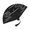 Black folding fan decorated with white bamboo patterns and small insects