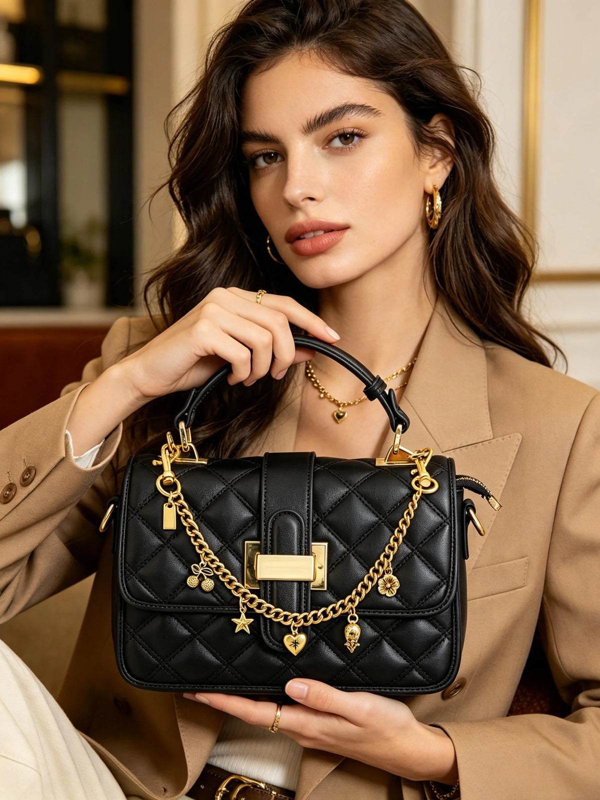 A woman holds a black quilted handbag with gold chain charms against a beige blazer.