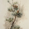 A watercolor painting of a pine branch with needles and small cones on light beige paper.