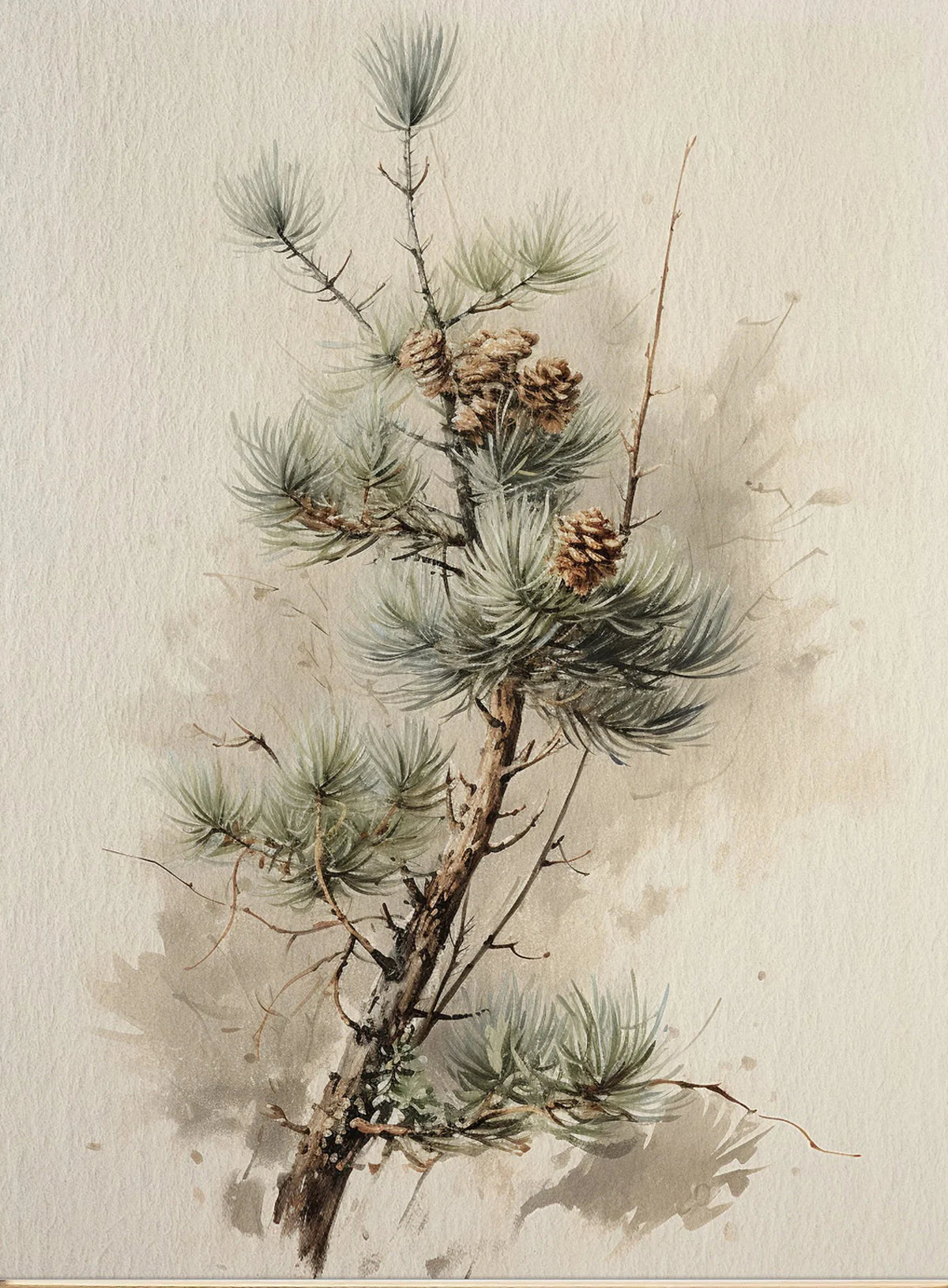 A watercolor painting of a pine branch with needles and small cones on light beige paper.