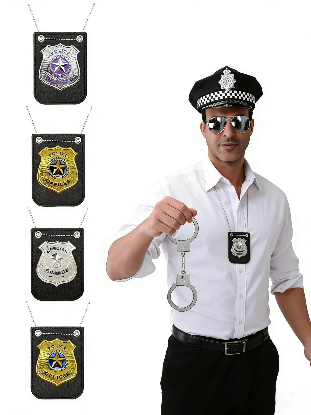 Un hombre con camisa blanca y pantalones negros muestra un collar de placa policial para juego de roles.