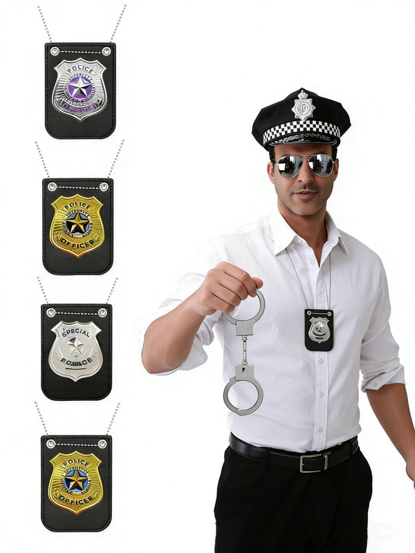 A man wearing a white shirt and black pants displays a realistic police badge necklace for role play.