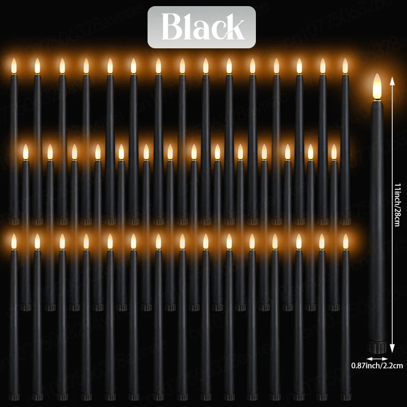 A vertical arrangement of black LED taper candles with flickering flame effects.